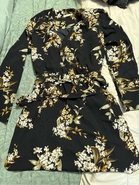 Dex Black Floral Long Sleeve Wrap Dress with Belt